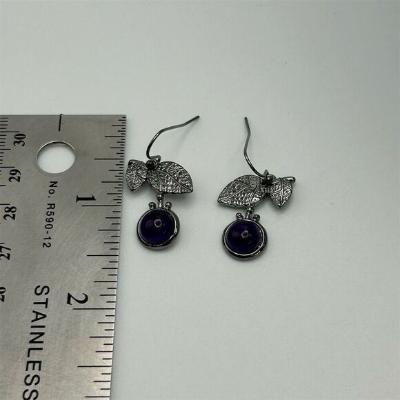Boho Purple Beaded Faux Amethyst Leaf Dangle Earrings Silver Tone Nature - Picture 6 of 7